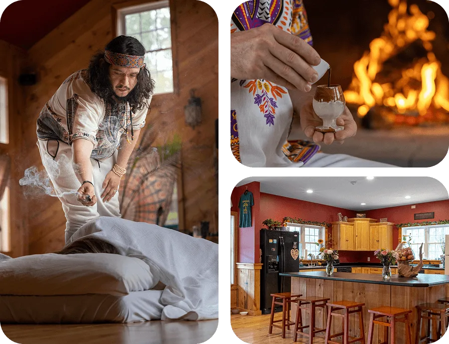 A collage of a visitors experience at Pachamama Sanctuary